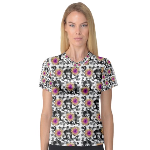 60s Girl Floral White V-neck Sport Mesh Tee by snowwhitegirl