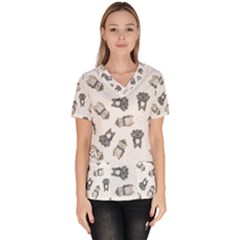 Cute Seamless Pattern With Koala Panda Bear Women s V-neck Scrub Top