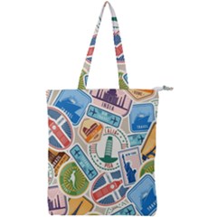 Travel Pattern Immigration Stamps Stickers With Historical Cultural Objects Travelling Visa Immigrant Double Zip Up Tote Bag by Amaryn4rt