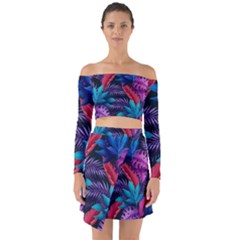 Background With Violet Blue Tropical Leaves Off Shoulder Top With Skirt Set by Amaryn4rt