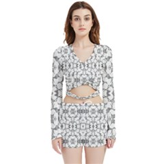 Grey And White Abstract Geometric Print Velvet Wrap Crop Top by dflcprintsclothing