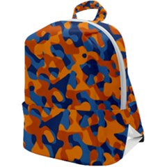 Blue And Orange Camouflage Pattern Zip Up Backpack by SpinnyChairDesigns