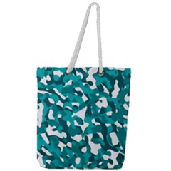 Teal And White Camouflage Pattern Full Print Rope Handle Tote (large) by SpinnyChairDesigns