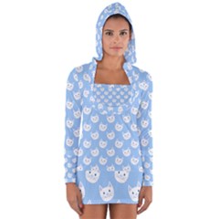 Cute Cat Faces White And Blue  Long Sleeve Hooded T-shirt