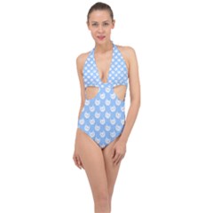 Cute Cat Faces White And Blue  Halter Front Plunge Swimsuit