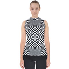 Black And White Line Art Pattern Stripes Mock Neck Shell Top by SpinnyChairDesigns