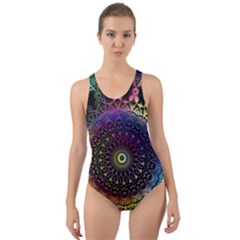 Colorful Rainbow Colored Arabesque Mandala Kaleidoscope  Cut-out Back One Piece Swimsuit by SpinnyChairDesigns