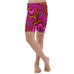 Abstract Pink Gold Floral Print Pattern Kids  Lightweight Velour Cropped Yoga Leggings by SpinnyChairDesigns