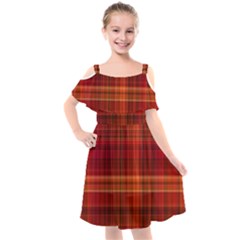 Red Brown Orange Plaid Pattern Kids  Cut Out Shoulders Chiffon Dress by SpinnyChairDesigns