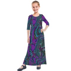 Purple Teal Abstract Jungle Print Pattern Kids  Quarter Sleeve Maxi Dress by SpinnyChairDesigns