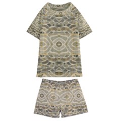 Ecru And Brown Intricate Pattern Kids  Swim Tee And Shorts Set by SpinnyChairDesigns