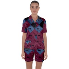 Burgundy Black Blue Abstract Check Pattern Satin Short Sleeve Pyjamas Set by SpinnyChairDesigns