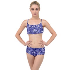 Blue White Paisley Intricate Swirls Layered Top Bikini Set