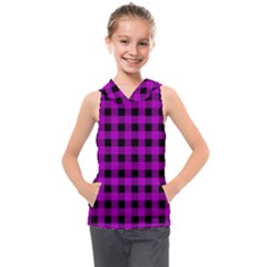 Purple Black Buffalo Plaid Kids  Sleeveless Hoodie by SpinnyChairDesigns