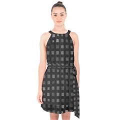 Abstract Black Checkered Pattern Halter Collar Waist Tie Chiffon Dress by SpinnyChairDesigns