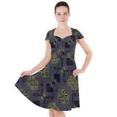 Grey Green Black Abstract Checkered Stripes Cap Sleeve Midi Dress by SpinnyChairDesigns