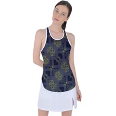 Grey Green Black Abstract Checkered Stripes Racer Back Mesh Tank Top by SpinnyChairDesigns
