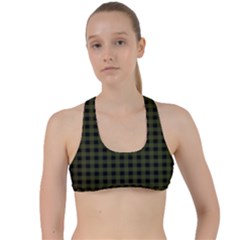 Army Green Black Buffalo Plaid Criss Cross Racerback Sports Bra by SpinnyChairDesigns