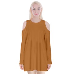True Light Brown Color Velvet Long Sleeve Shoulder Cutout Dress by SpinnyChairDesigns
