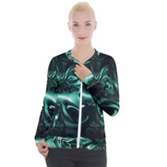 Biscay Green Black Abstract Art Casual Zip Up Jacket by SpinnyChairDesigns