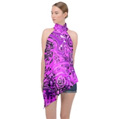 Magenta Black Abstract Art Halter Asymmetric Satin Top by SpinnyChairDesigns