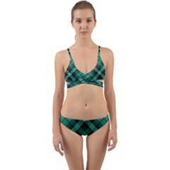 Biscay Green Black Plaid Wrap Around Bikini Set by SpinnyChairDesigns