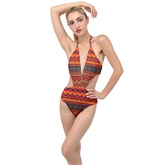 Boho Orange Tribal Pattern Plunging Cut Out Swimsuit by SpinnyChairDesigns