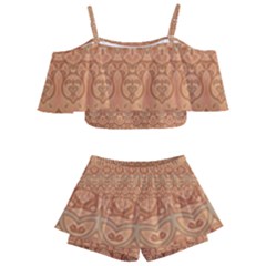 Boho Fancy Peach  Kids  Off Shoulder Skirt Bikini by SpinnyChairDesigns