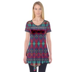 Boho Red Teal Pattern Short Sleeve Tunic  by SpinnyChairDesigns