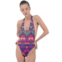 Boho Colorful Pattern Backless Halter One Piece Swimsuit by SpinnyChairDesigns