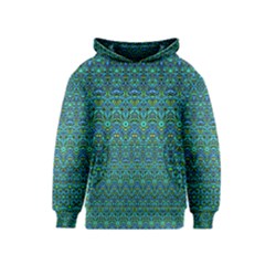 Boho Teal Green Blue Pattern Kids  Pullover Hoodie by SpinnyChairDesigns