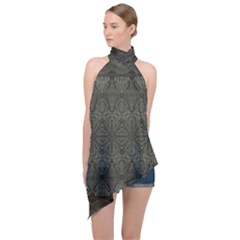 Boho Antique Bronze Pattern Halter Asymmetric Satin Top by SpinnyChairDesigns