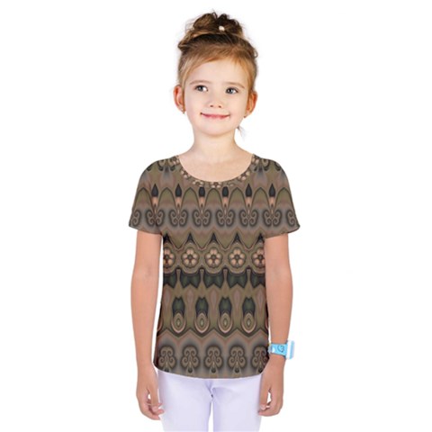 Boho Green Brown Pattern Kids  One Piece Tee by SpinnyChairDesigns