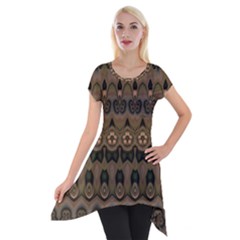 Boho Green Brown Pattern Short Sleeve Side Drop Tunic by SpinnyChairDesigns