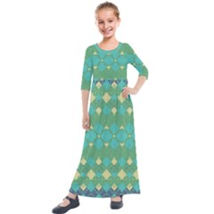 Boho Green Blue Checkered Kids  Quarter Sleeve Maxi Dress by SpinnyChairDesigns