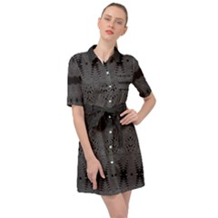 Boho Black Grey Pattern Belted Shirt Dress by SpinnyChairDesigns