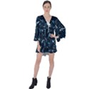 Prussian Blue Music Notes V-Neck Flare Sleeve Mini Dress View1