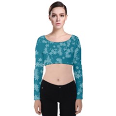 Teal Blue Floral Print Velvet Long Sleeve Crop Top by SpinnyChairDesigns