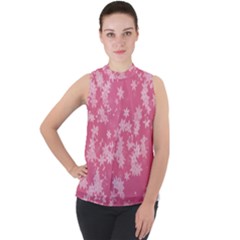 Blush Pink Floral Print Mock Neck Chiffon Sleeveless Top by SpinnyChairDesigns