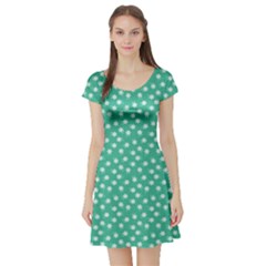 Biscay Green White Floral Print Short Sleeve Skater Dress by SpinnyChairDesigns