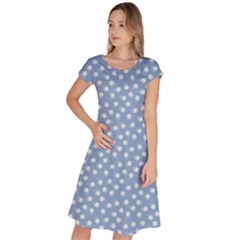 Faded Blue White Floral Print Classic Short Sleeve Dress by SpinnyChairDesigns