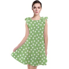 Spring Green White Floral Print Tie Up Tunic Dress by SpinnyChairDesigns