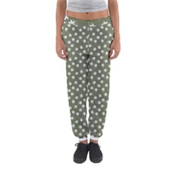 Sage Green White Floral Print Women s Jogger Sweatpants by SpinnyChairDesigns