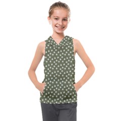 Sage Green White Floral Print Kids  Sleeveless Hoodie by SpinnyChairDesigns