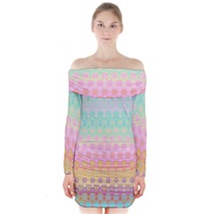 Boho Retro Pastel Floral Pattern Long Sleeve Off Shoulder Dress by SpinnyChairDesigns