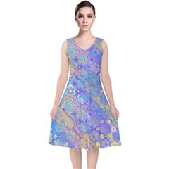 Boho Retro Wildflower Print V-neck Midi Sleeveless Dress  by SpinnyChairDesigns