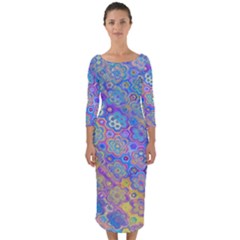 Boho Retro Wildflower Print Quarter Sleeve Midi Bodycon Dress by SpinnyChairDesigns