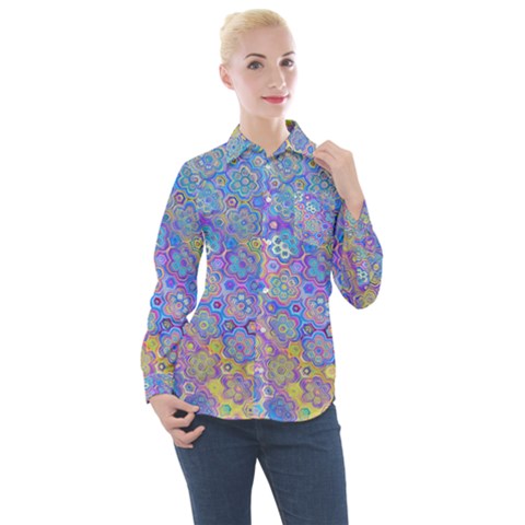 Boho Retro Wildflower Print Women s Long Sleeve Pocket Shirt by SpinnyChairDesigns