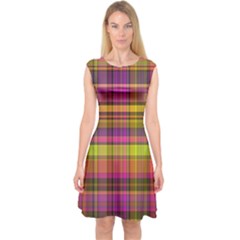Pink Yellow Madras Plaid Capsleeve Midi Dress by SpinnyChairDesigns