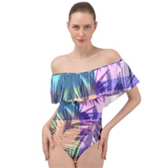 Purple Tropical Pattern Off Shoulder Velour Bodysuit 